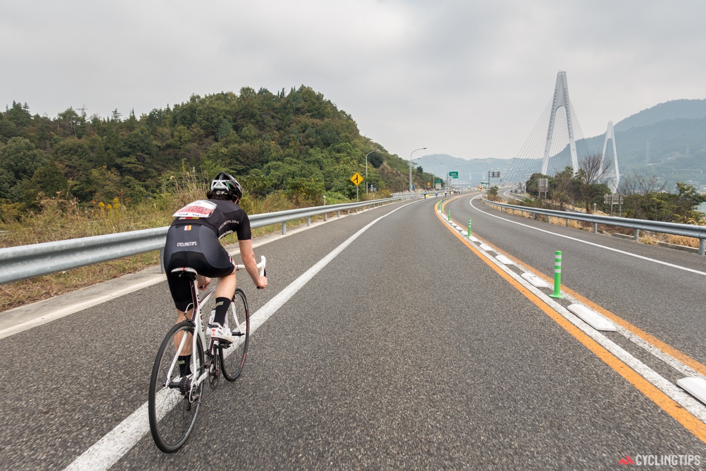 Aaron approaching one of the many bridges on the Expressway.