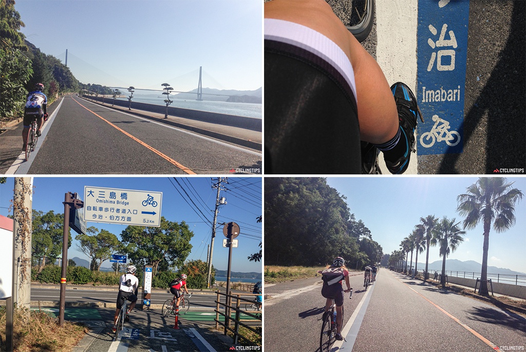 The Shimanami Keido Cycleway is clearly designated by a thick blue line and frequent signs.