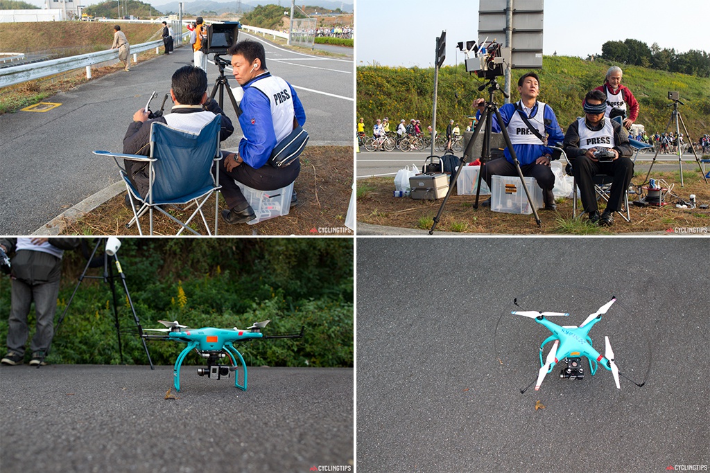 The local press was using a drone to film the start of Cycling Shimanami. Notice the headset being used in the top two frames - this allowed the operator to see what the drone could see. Very cool.