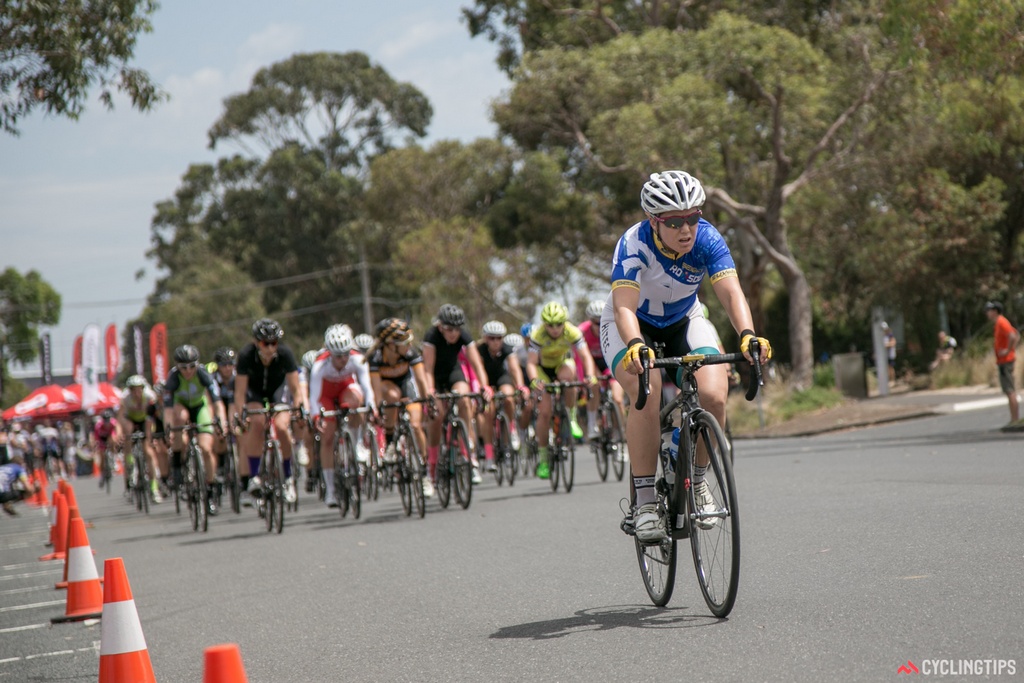 Chloe Hosking closes down a breakaway during Sunday's Shimano Supercrit. 