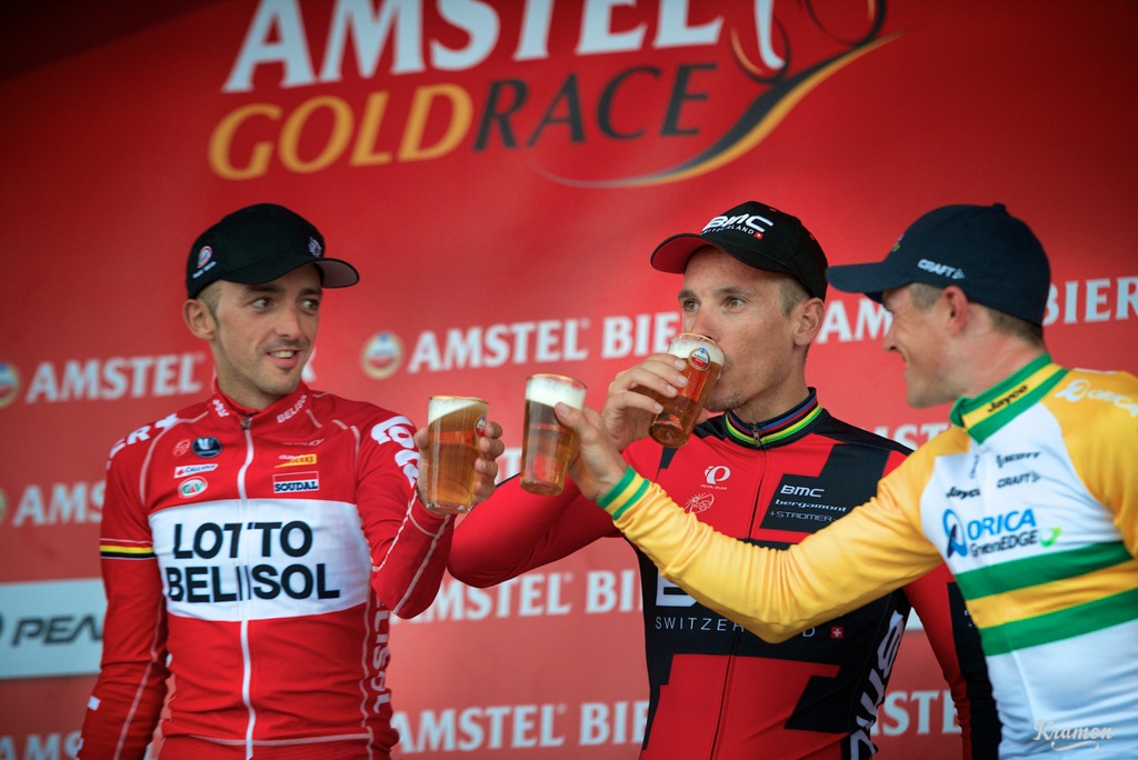 Simon Gerrans was chastised for not drinking the race sponsor's beer on the podium, but one week later he was in the top podium spot at Liege-Bastogne-Liege