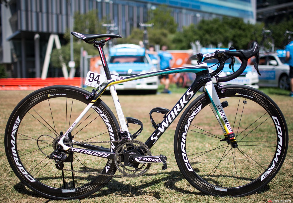 Astana's "New 2015 Tarmac" by Specialized is one of three in the pro peloton this season. Dressed up in Campagnolo, FSA, Corima wheelsets, Specialized saddle/cranksets, and SRM powermeters. The detail in the painjob is exquisite and can only be appreciated when seen up close. Read our 2015 Tarmac review here.