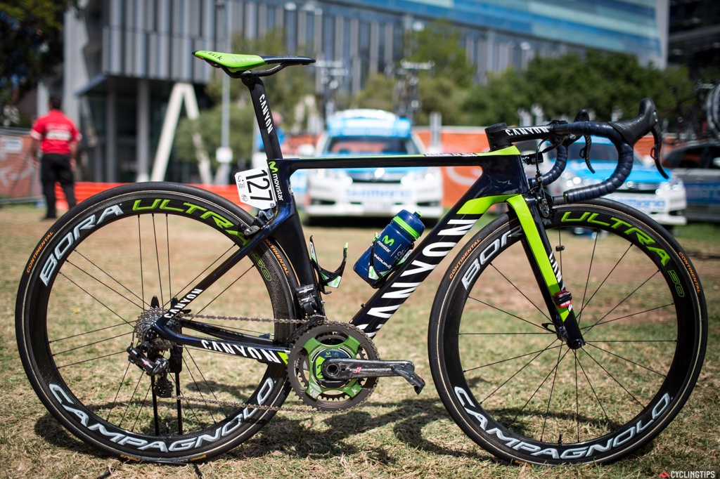 Movistar is also on Canyon bikes and using the company's new Aeroad CF SLX model. They are the only mechanical groupset being used that we saw (Campagnolo SuperRecord). Movistar is also using the Power2Max powermeters. Movistar also rides a selection of the Canyon Ultimate CF SLX bikes. You can read our  review here.