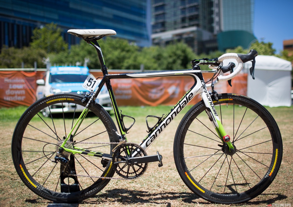 Cannondale-Garmin's SuperSix EVO features Mavic wheels, a mix of Cannondale, FSA and Shimano components. The interesting thing is the powermeters on these team bikes. Most of the bikes feature Garmin Vector pedals, but without the tabs that enable the powermeter functionality. Rotor and SRM were mostly used. This bike featured is Ryder Hesjedal's.