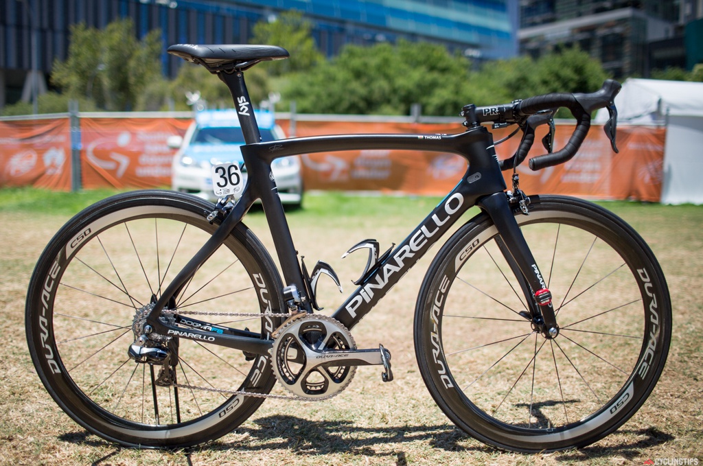 Team Sky is using the Pinarello Dogma F8 developed in collaboration with Jaguar. Still on Shimano/Pro components and Stages powermeters, this bike is largely unchanged. See a more detailed set of photos of the Pinarello/Jaguar Dogma F8 here.