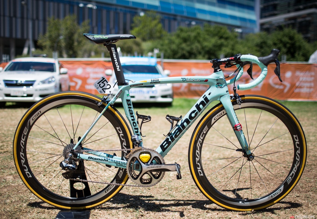 LottoNL-Jumbo (formerly Belkin, formerly Rabobank) is still on the Bianche Oltre XR2 with Shimano groupset and wheels, FSA stems and Pioneer powermeters.