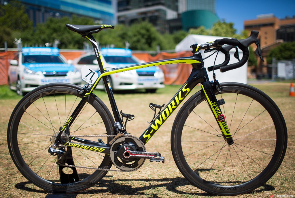 The Tinkoff-Saxo bikes are the 2015 Tarmac by Specialized with a mix of Shimano Dura-Ace, Roval Wheels (by Specialized) and FSA. This is one of the teams rumoured to be on FSA's electronic groupset sometime during the 2015 season.