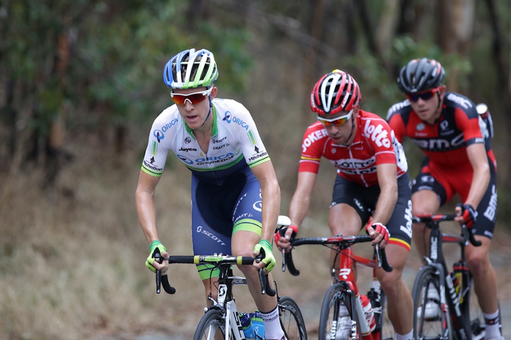 After several unsuccessful attempts to strike up a breakaway, Cameron Meyer, Thomas De Gendt and Campbell Flakemore managed to get away after 16km.