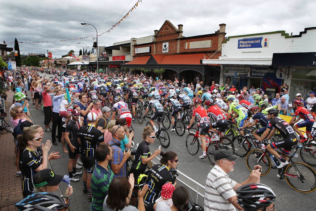 The peloton rolls out of Unley at the start of the 150.5km stage.