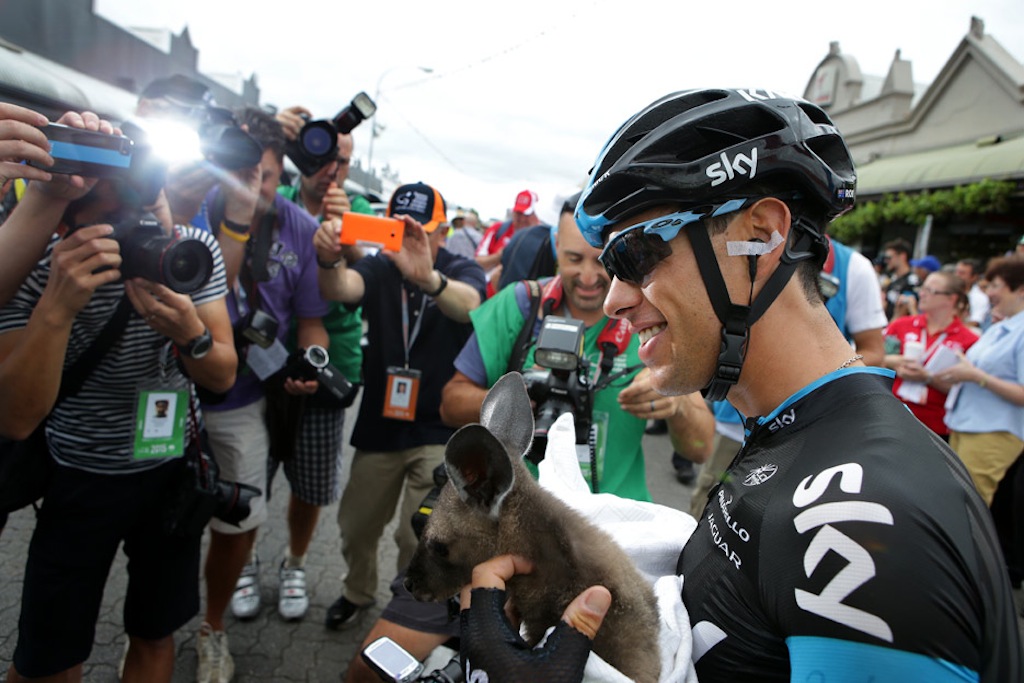 Richie Porte gets acquainted with the local wildlife at the stage start in Unley.