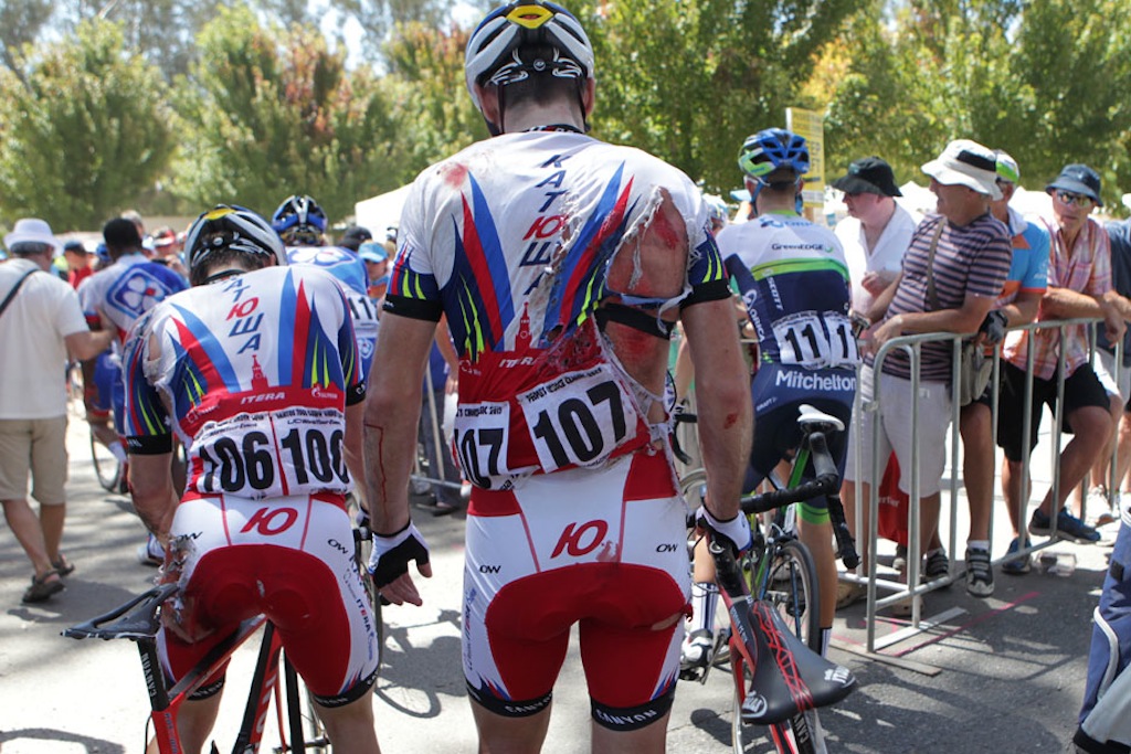 A crash 150m from the line left many riders with road rash, including Katusha's Vladimir Isaichev.