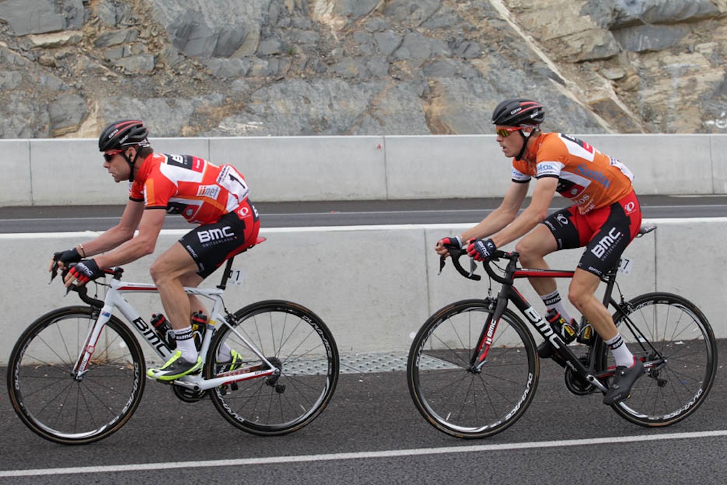 Race leader Rohan Dennis sits on the wheel of Cadel Evans as the stage unfolds. BMC controlled the peloton for the first half of the race.