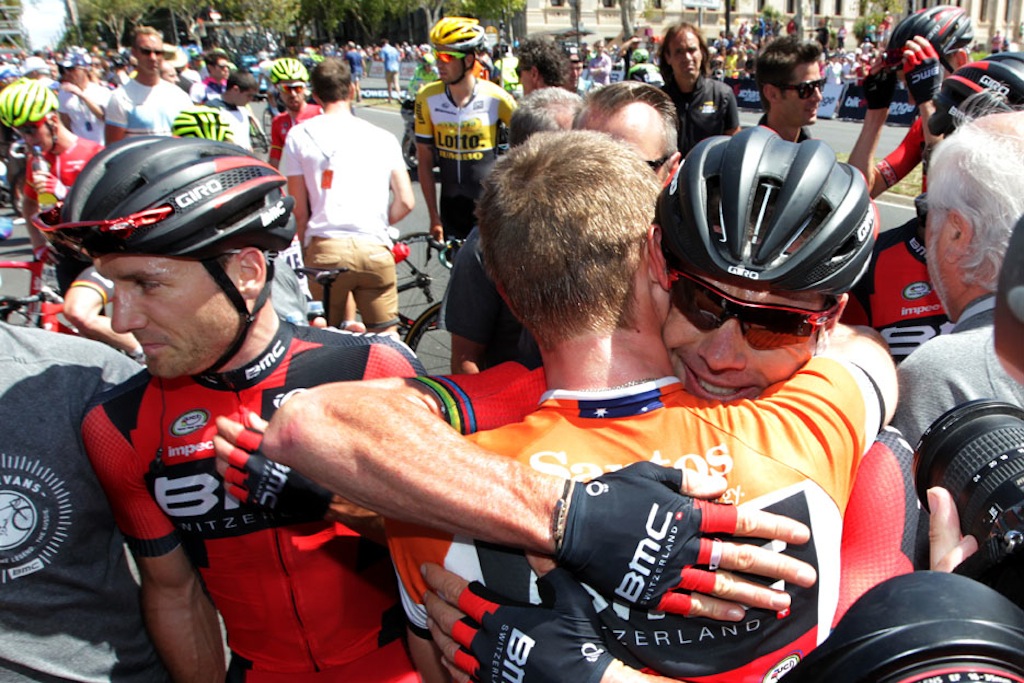 Hugs all round for the 2015 Santos Tour Down Under winner.