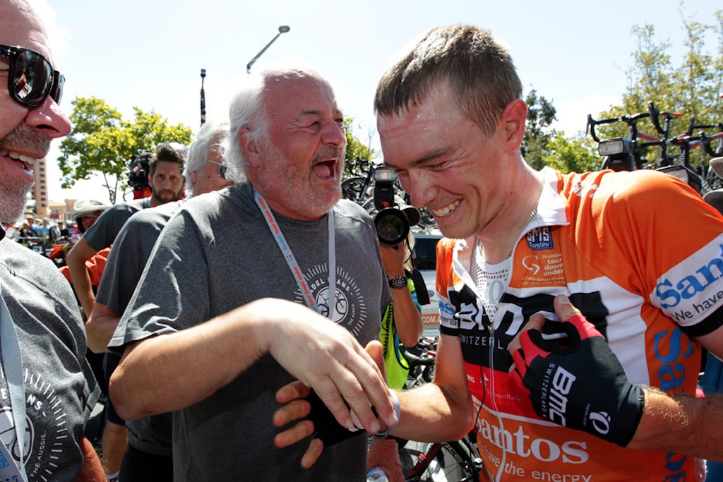 Rohan Dennis is congratulated by Andy Rihs, BMC Racing Team benefactor.