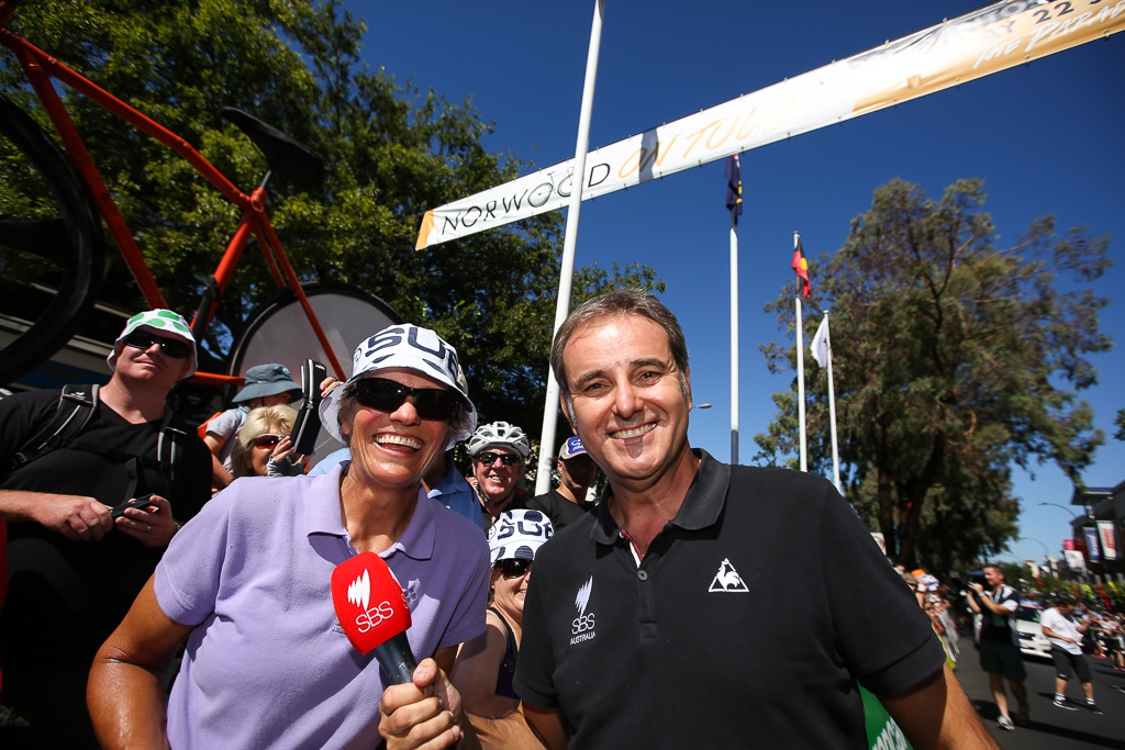 SBS's veteran cycling presenter Mike Tomalaris with a fan.