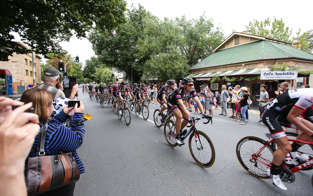 The peloton passes through the town of Hahndorf in the Adelaide Hills.