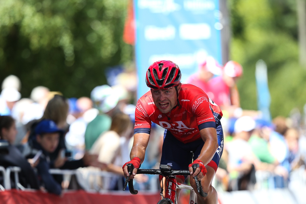 Drapac sprinter Wouter Wippert battles his way through the hilly final stages of the race. His parents Francine and Leo have made the trip out from Holland to watch Wouter race.