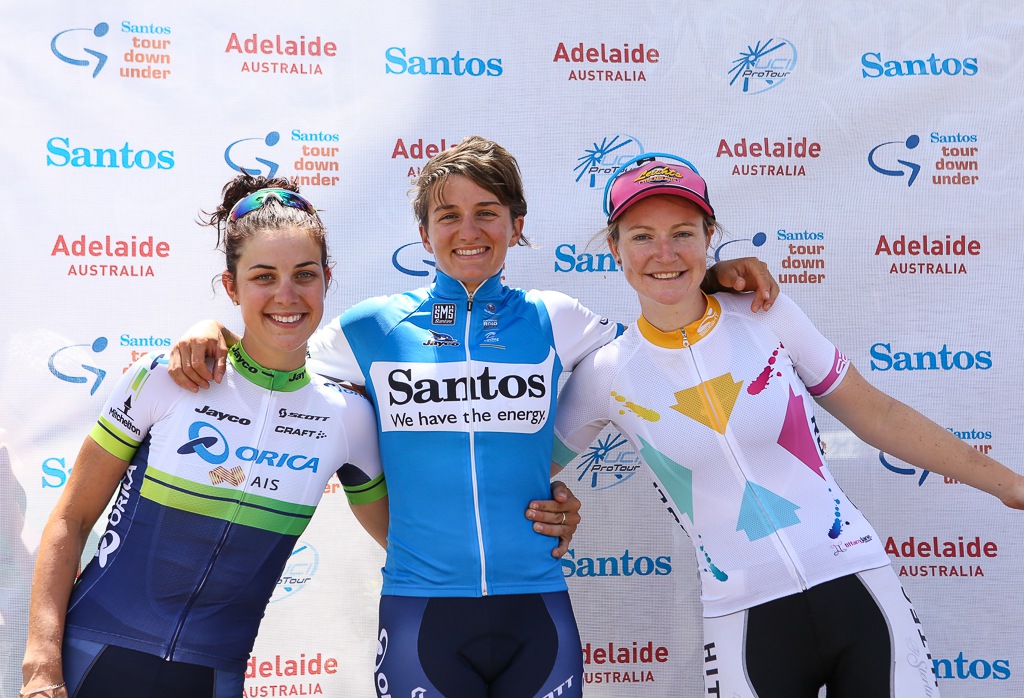 The stage 1 podium: 1. Valentina Scandolara 2. Lauren Kitchen 3. Melissa Hoskins