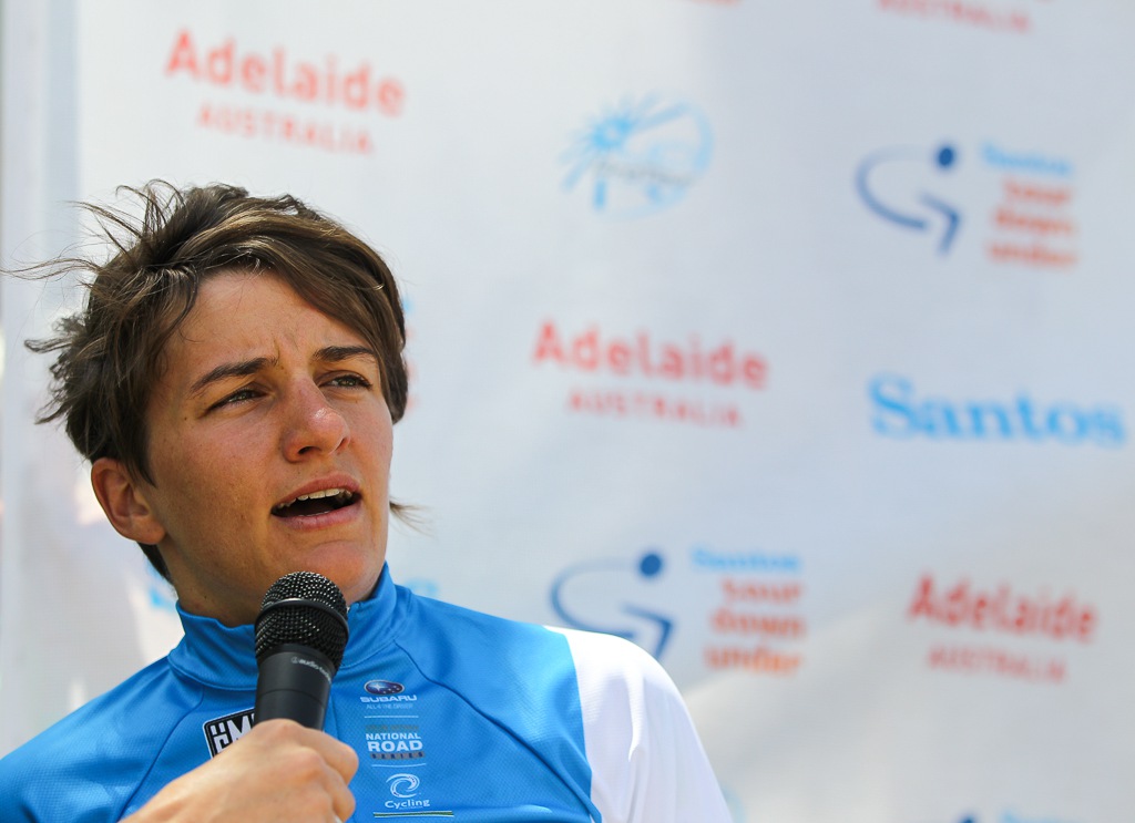 Valentina Scandolara gives an interview in Murray Bridge following her stage 1 win.