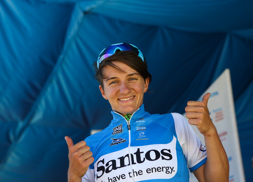 All smiles for the Santos Women's Tour Down Under race leader. Valentina Scandolara heaped praise on her team for keeping her safe during the decisive day.