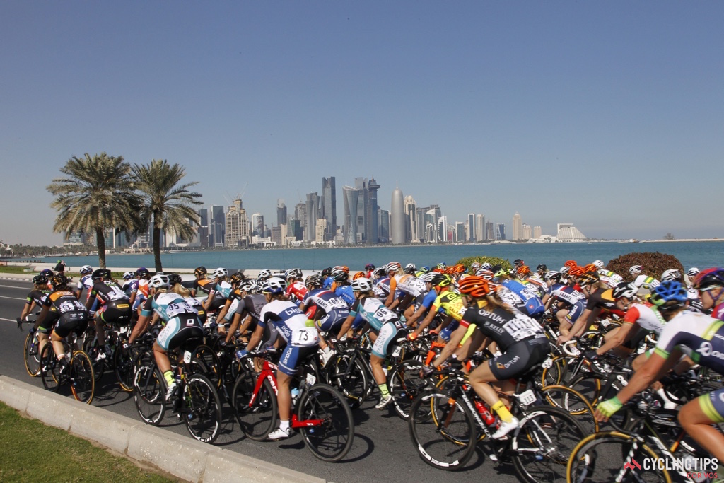 The city of Doha served as a backdrop for stage one that took the women’s peloton between the start at the Museum of Islamic Art to the finish in Dukhan Beach.   “This race is really important for women’s cycling. It gives us the opportunity to ride on the same roads as the men. It’s broadcast on television. For us, as a team, it was a chance to show ourselves for the first time this season. Everybody wants to do well, so there’s always a lot of hard competition.” – Jolien d’Hoore (Wiggle Honda)