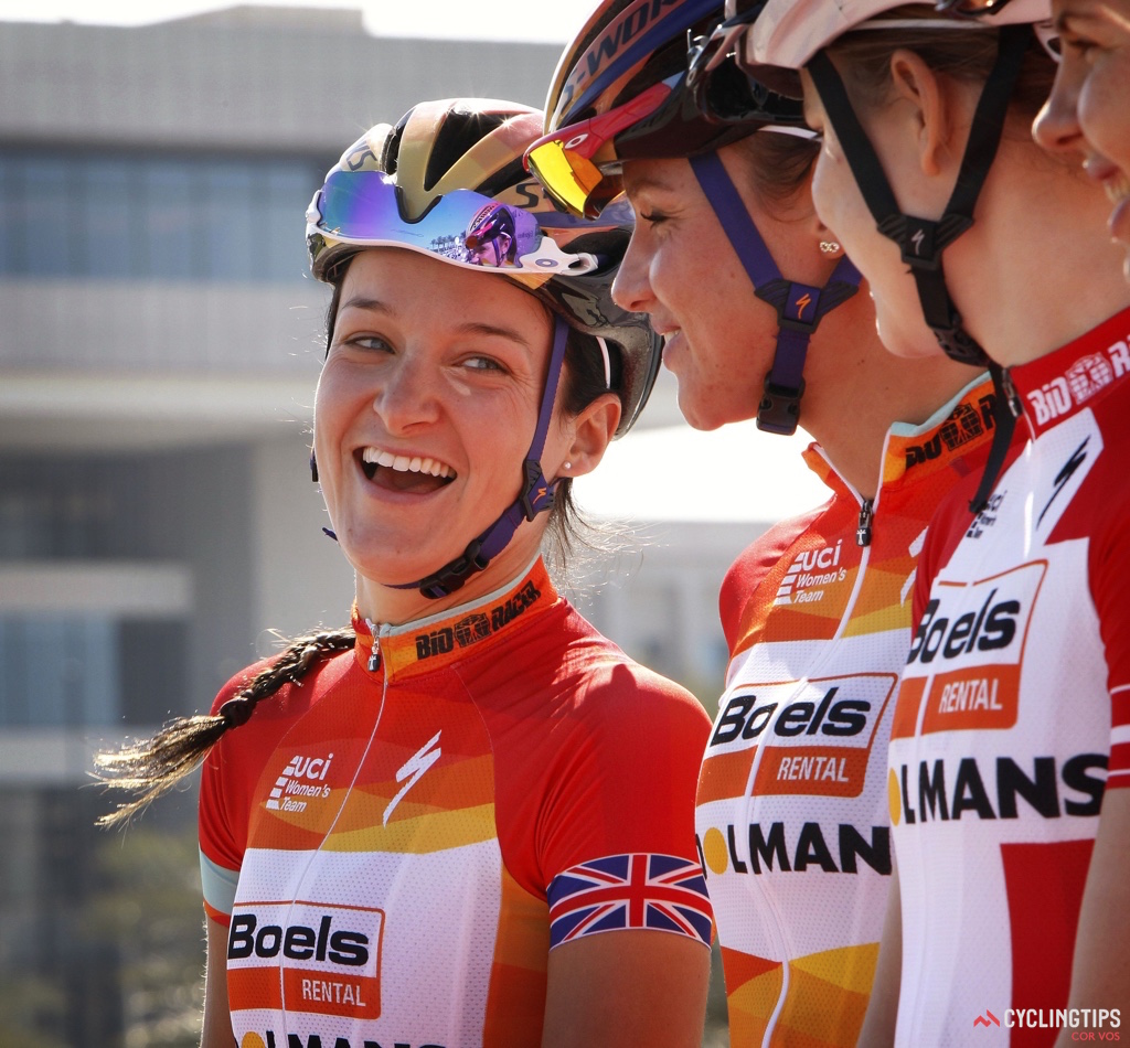 Lizzie Armitstead (Boels-Dolmans) shares a smile with teammates before the start of stage one. She would have plenty of reasons to smile before the four days of racing would come to a close. For many of the European teams, Ladies Tour of Qatar marks the debut of new team kits, the first time racing with new teammates and building the trust that will serve as a foundation throughout the season. “It’s interesting to see the new teams and how they work together. You pay attention to how they talk to each other in the bunch. Who is working well in the sprint? How do they get along off the bike? This is the most interesting at the moment. It’s difficult to tell already in Qatar who is the strongest for the early part of the season.” – Emma Johansson (Orica-AIS)