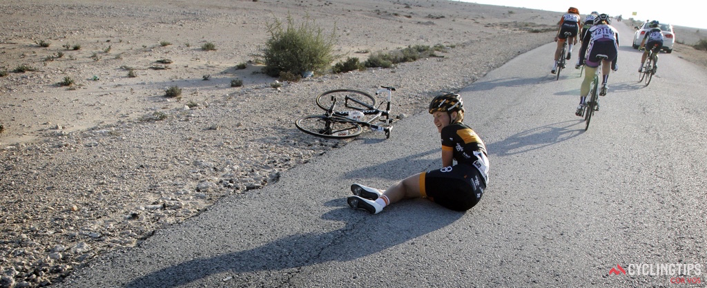 Qatar is typically characterised by a nervous bunch – and those nerves can often translate into crashes. Elisa Longo Borghini (Wiggle Honda) was one of many riders to hit the ground. Although she managed to get back on the back, she suffered substantial roadrash and required medical care post stage. Her team ultimately made the decision to have her sit out stage four.