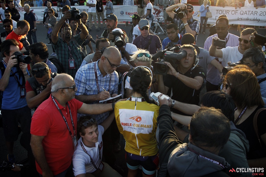 The media frenzy following the race win. Lizzie Armitstead (Boels-Dolmans) fields questions from journalists.