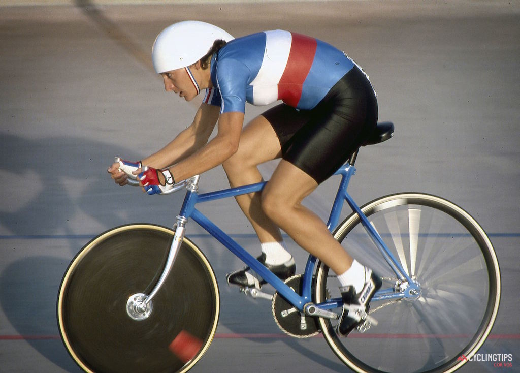 Jeannie Longo pictured during World Championships in 1986 in Colorado Springs; the same year and place she set her World Hour Record of 44.77km and the next year returned to set a new record of 44.718km. 