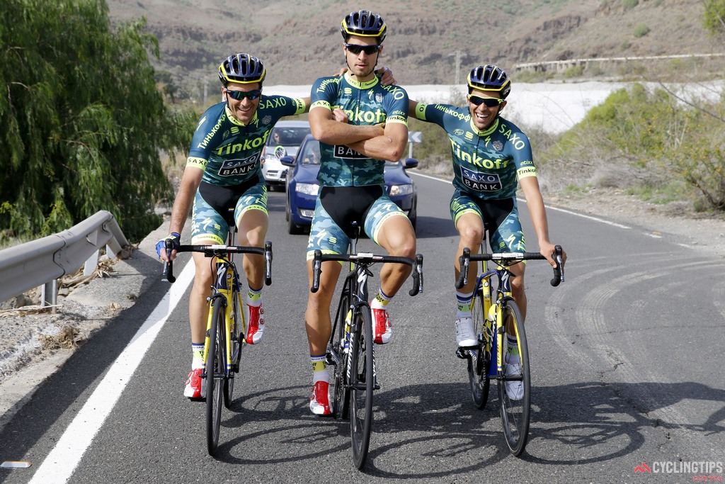 Peter Sagan (centre) flanked by Ivan Basso and Alberto Contador.