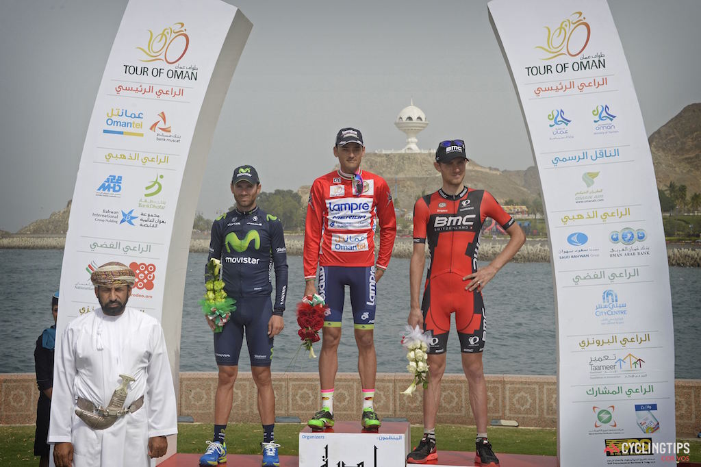 Alejandro Valverde (Movistar) - Rafael Valls (Lampre-Merida) - Tejay Van Garderen (BMC Racing)  standing on the final podium at the Tour of Oman