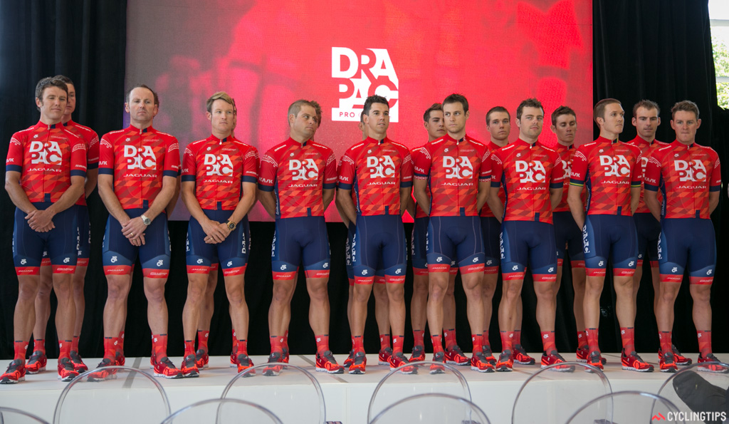 The Drapac riders assembled on stage during the 2015 team launch.