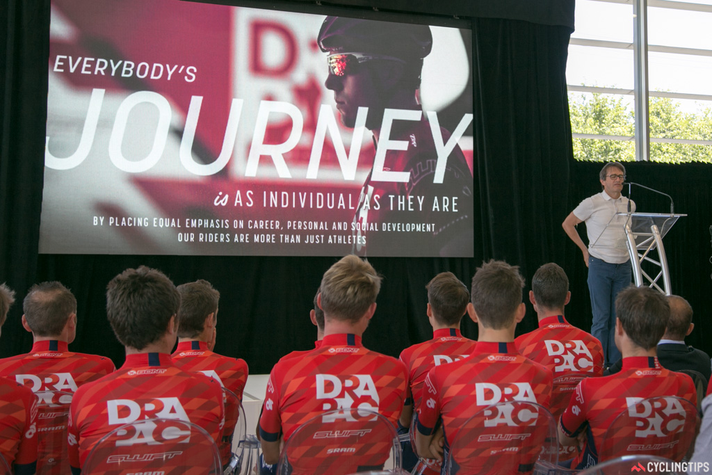 Michael Drapac gives his speech at the 2015 team launch in Adelaide.