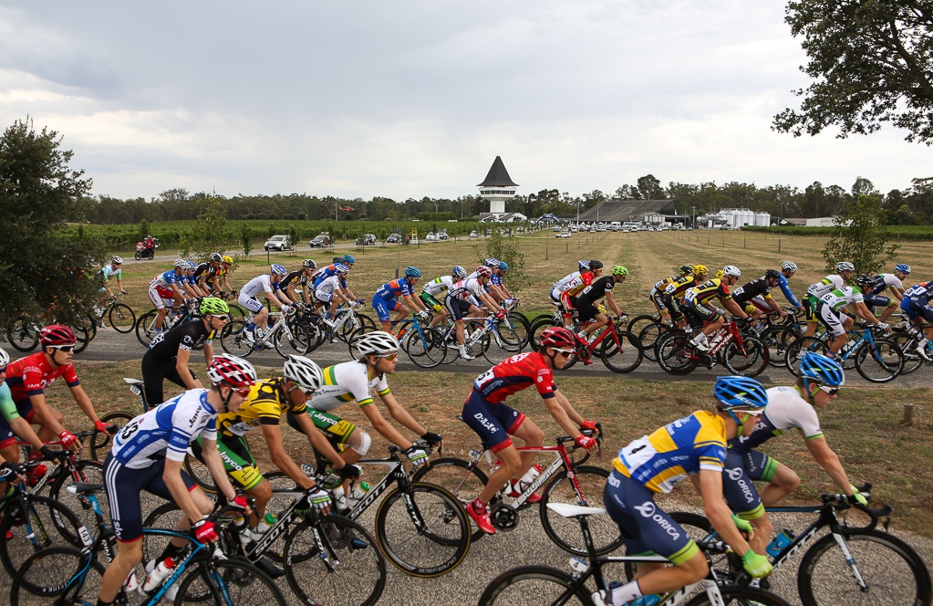 The riders roll out of the Mitchelton Winery to begin stage 3. The winery is owned by Gerry Ryan who, in addition to owning the event's naming sponsor in Jayco, is the owner of Orica-GreenEdge and former president of Cycling Australia.