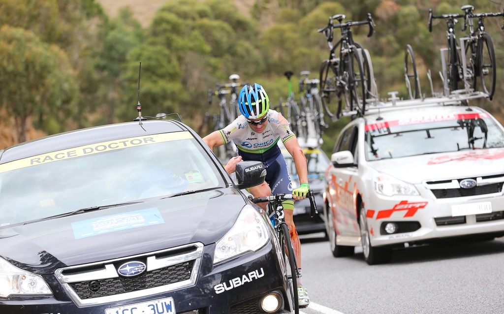 Last year's Sun Tour winner Simon Clarke spent some time at the doctor's car after crashing on stage 3. He was just one of several riders that hit the tarmac on what was a nervous stage for the peloton.