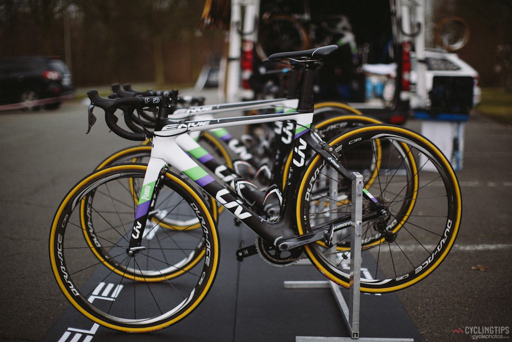 The Liv-Plantur Envies racked up at the start of Omloop Het Nieuwsblad in Ghent. Amy Pieter’s bike is amongst the race-ready machines. The 2014 Het Nieuwsblad winner finished in seventh place on Saturday.  In the Liv-Plantur race report, Liv-Plantur coach Hans Timmermans said: “I am pretty satisfied with her [Pieter's] seventh place in the end, but more so with her condition today. She was one of the strongest riders in the bunch and showed this when she had a flat at a bad moment but came back to the front group while others were getting dropped – that was nice to see. It looks good for the coming races.