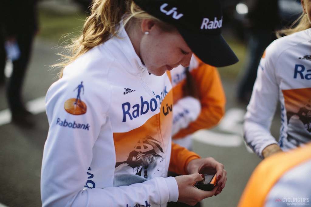 Anna van der Breggen adjusts her power meter before the race start.