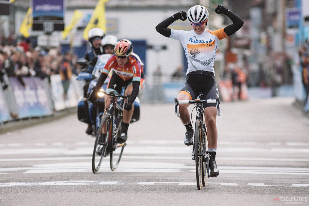 Anna van der Breggen was delighted with her first big classics victory. The win is made even more impressive because Omloop Het Nieuwsblad marks van der Breggen’s return to racing following  a terrible crash, resulting in a broken pelvis, in the team time trial at the 2014 Road World Championships. In her  team’s race report, van der Breggen said: “I trusted my sprint. No, I was not sure. In a sprint of two, you can never be, but I could maneuver myself into a good position, and in the final stretch, I did not look back.”