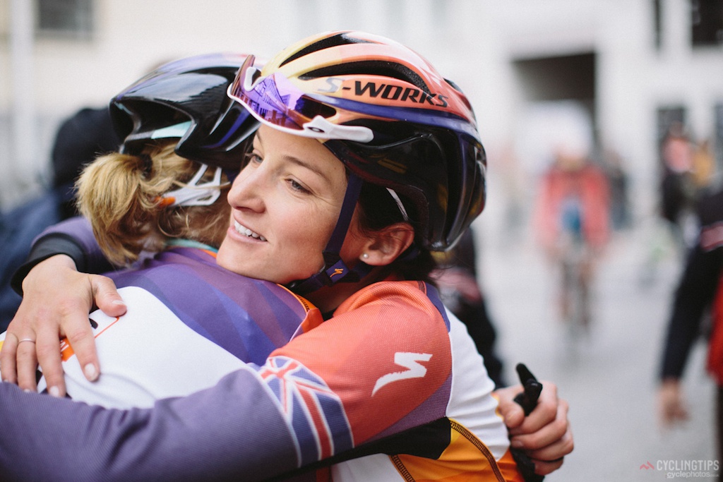 Lizzie Armitstead hugs Ellen van Dijk at the finish.  Although Boels-Dolmans missed out on the top step of the podium, they had plenty of reasons to feel proud of their performance on Saturday.