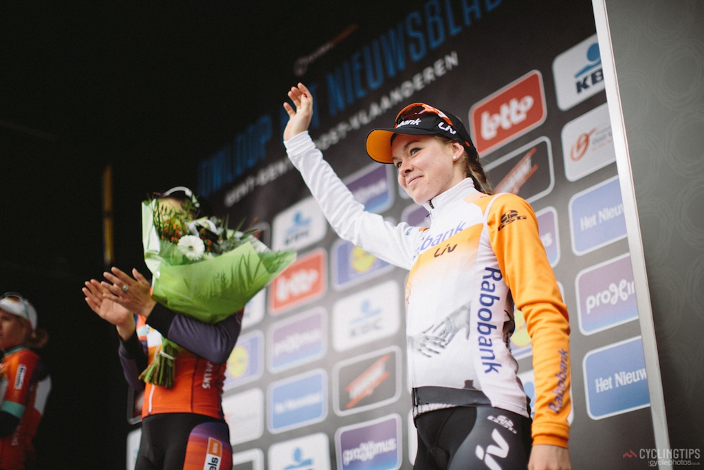 Anna van der Breggen acknowledges the crowd as she walks onto the podium. In her team’s race report, she said: “Winning this race is very special. It was high on my list. Everyone here is very motivated at the start. It is a beautiful course. Winning is very special, with or without a crash in Ponferrada.”