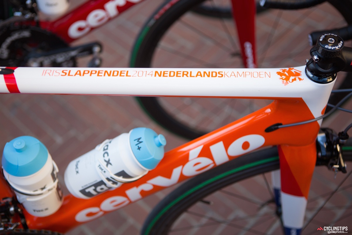 Custom paint job for Iris Slappendel in honour of her national title. Slappendel moved from Rabo Liv to Bigla this year and has enjoyed the change. “Rabo was the best team in the world,” Slappendel said.  “Now I’m not in the best team of the world anymore, and that’s nice somehow. It’s less pressure, but also I feel more free for the role I have. I have more chances because I have less teammates who are maybe on the super high level like they are on Rabo. That motivates me also to make an extra step again myself. I was pushed in a certain role on Rabo or maybe I did it to myself, but now I feel more freedom to get out and keep improving and do different things with Bigla.”