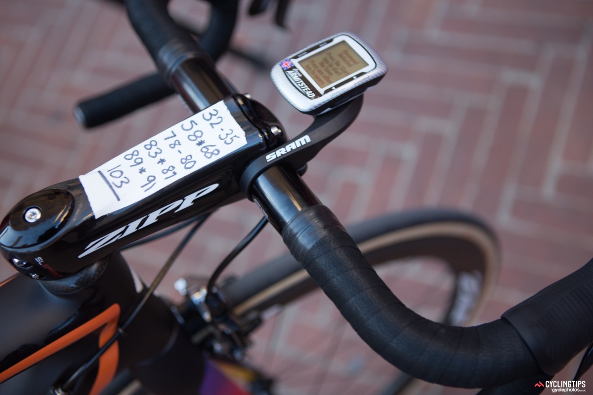 Stem notes on a Boels-Dolmans Specialized Amira indicate the start and finish of each of the five gravel sections. These ‘strade bianche’ segments totaled 17km of gravel throughout the 103km course. Only one stretch of gravel was featured in the first half of the race. The remaining four were included in the second half. Most feared was the longest gravel section (9.5km) that came at 58km. “I come from a mountain background, so I was loving the gravel sections,” said Gracie Elvin (Orica-AIS). “I was trying to go as fast as possible on the downhill sections and suffer as much as I could on the uphill. I’m quite comfortable with letting my bike slide around and to go fast on loose surfaces, but I know other girls are not used to that at all. They were grabbing a lot of brakes and uncomfortable on the gravel where they would maybe be more comfortable on cobbles. It’s not as hard on the legs as cobbles, but you definitely have to concentrate. Often where the wheel ruts are will be the best line, so it’s quite hard to pass on those roads because there are really only two good lines to ride, which is why the bunch splits up and strings out so quickly on the gravel.”