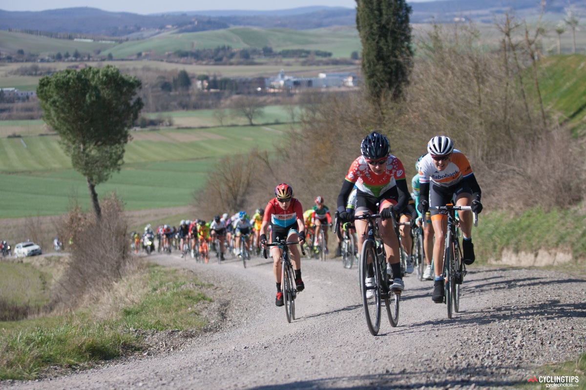 Alena Amialiusik digs deep up the gravel climb. “The race played out exactly how we thought it would,” said Loren Rowney, Amialiusik’s teammate. “The course made the selection.”