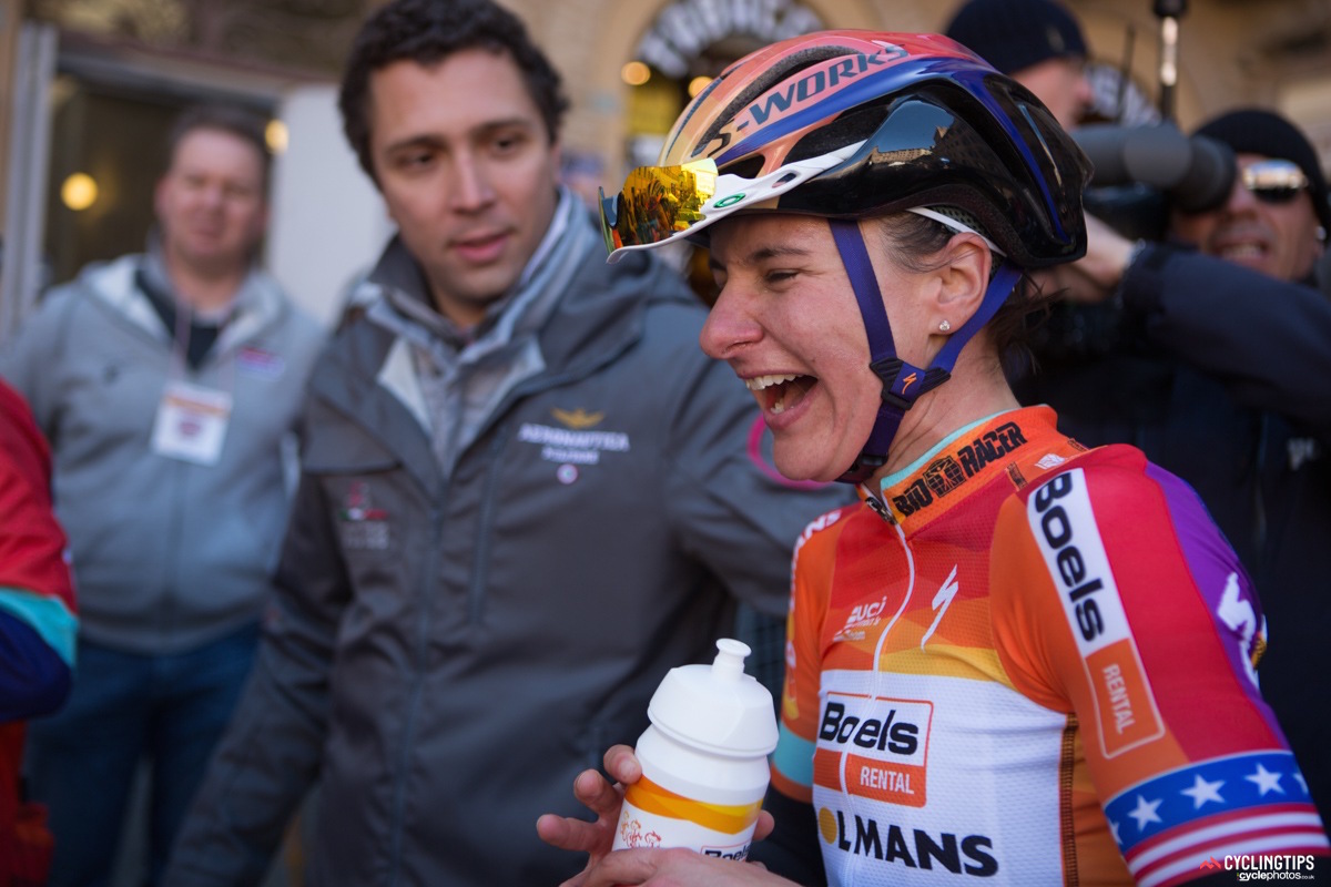 Winners are grinners. “I feel incredibly fortunate to be here with the first women’s race at Strade Bianche,” said Megan Guarnier. “It’s an honour to be here and a bit of an unbelievable feeling to win.”