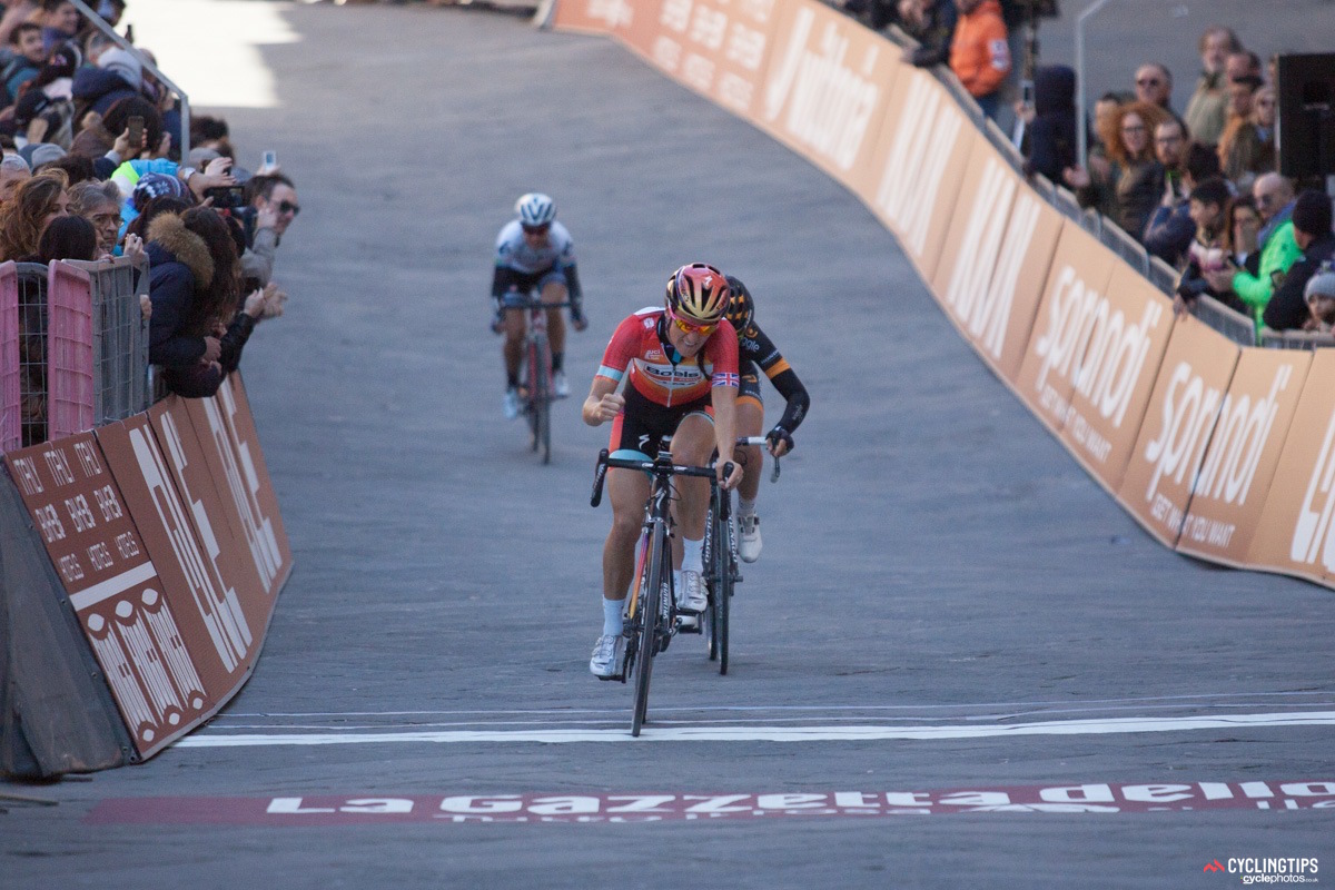 Lizzie Armitstead beats Elisa Longo Borghini to the line for second place. Ashleigh Moolman Pasio will cross the line in fourth place. “When Guarnier went, I couldn't do anything,” said Longo Borghini. “I had to follow and save everything for the last kilometre. I think I raced quite smart. I’m third in the finish, and I’m happy to be third. “My goal was to enjoy the race and race as hard as I could without thinking about the result. I think I can be satisfied. I have a good level.”