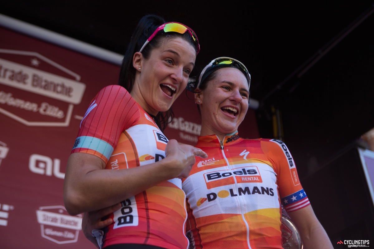 Megan Guarnier is the fourth Boels-Dolmans rider to snag the top spot of the podium this season. “It’s exciting for us,” said Guarnier. “There’s pressure to keep it up, but there’s such a good feeling in the team. We have each other’s backs and no matter who is on the top of the podium, we’re happy. I think our results speak for themselves – four different riders on the podium already this year.”