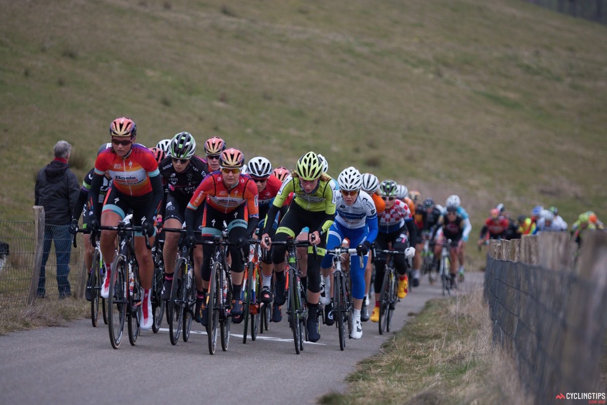 Boels-Dolmans teammates Chantal Blaak and Megan Guarnier lead the peloton on the first ascent of the VAMberg.