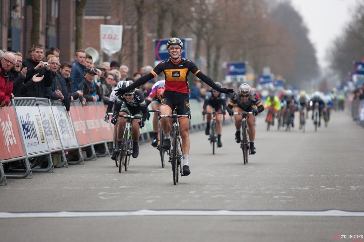 Jolien d'Hoore wins the Ronde van Drenthe sprint by a bike length from Amy Pieters (Liv Plantur). Ellen van Dijk (Boels-Dolmans) rounds out the podium.