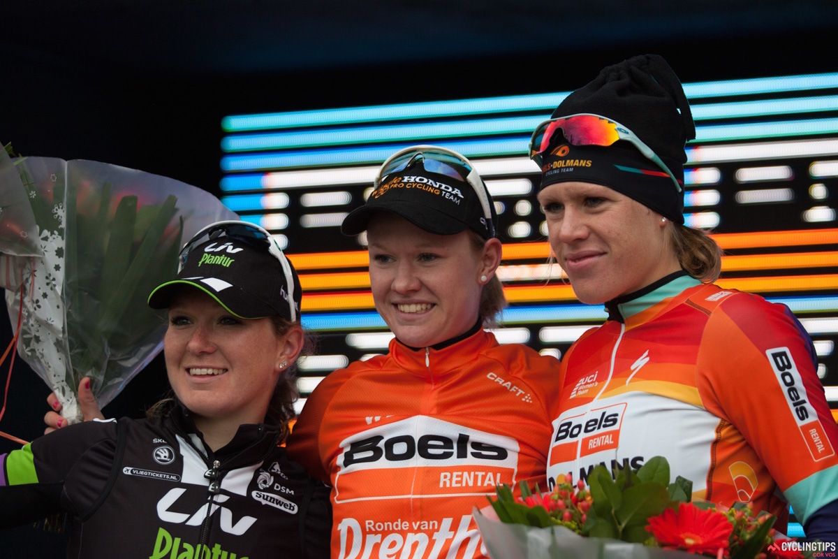 The Ronde van Drenthe podium - (l-r): Amy Pieters, Jolien d'Hoore, Ellen van Dijk