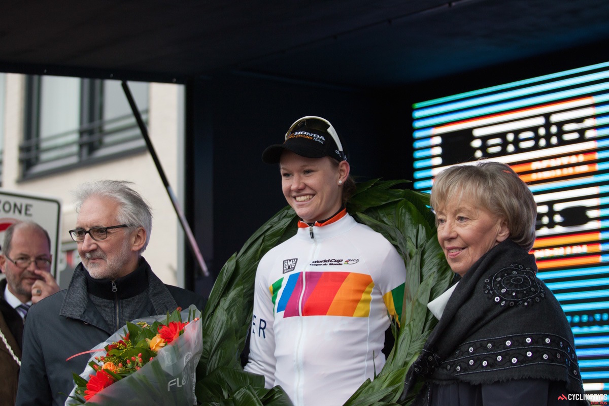 Winner of the Ronde van Drenthe and the leader of the women's World Cup series, Jolien d'Hoore is all smiles on the podium.